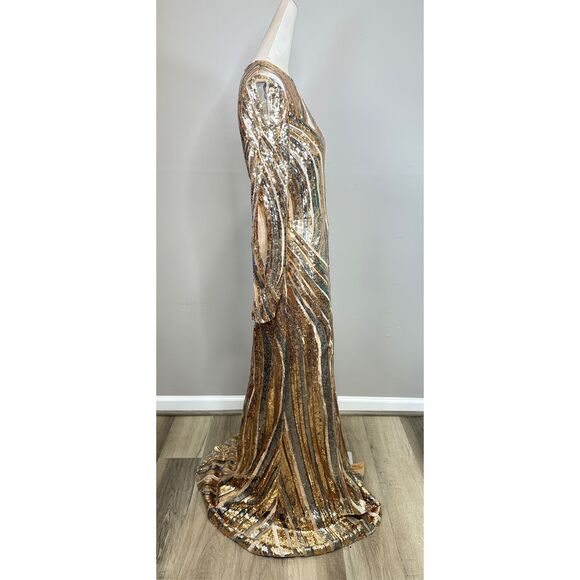 ELIE SAAB Sequin Embroidered Tulle Cutout Long-sleeve Gown In Gold FR40/US8 $732 - Picture 6 of 10